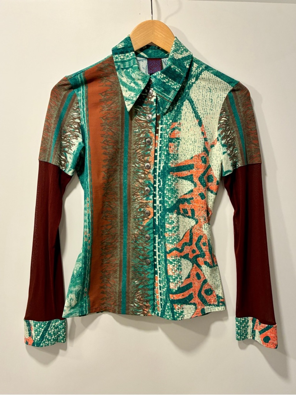 Legate Jeans Printed Snap-Up Top with Contrast Sleeves - Teal & Rust
